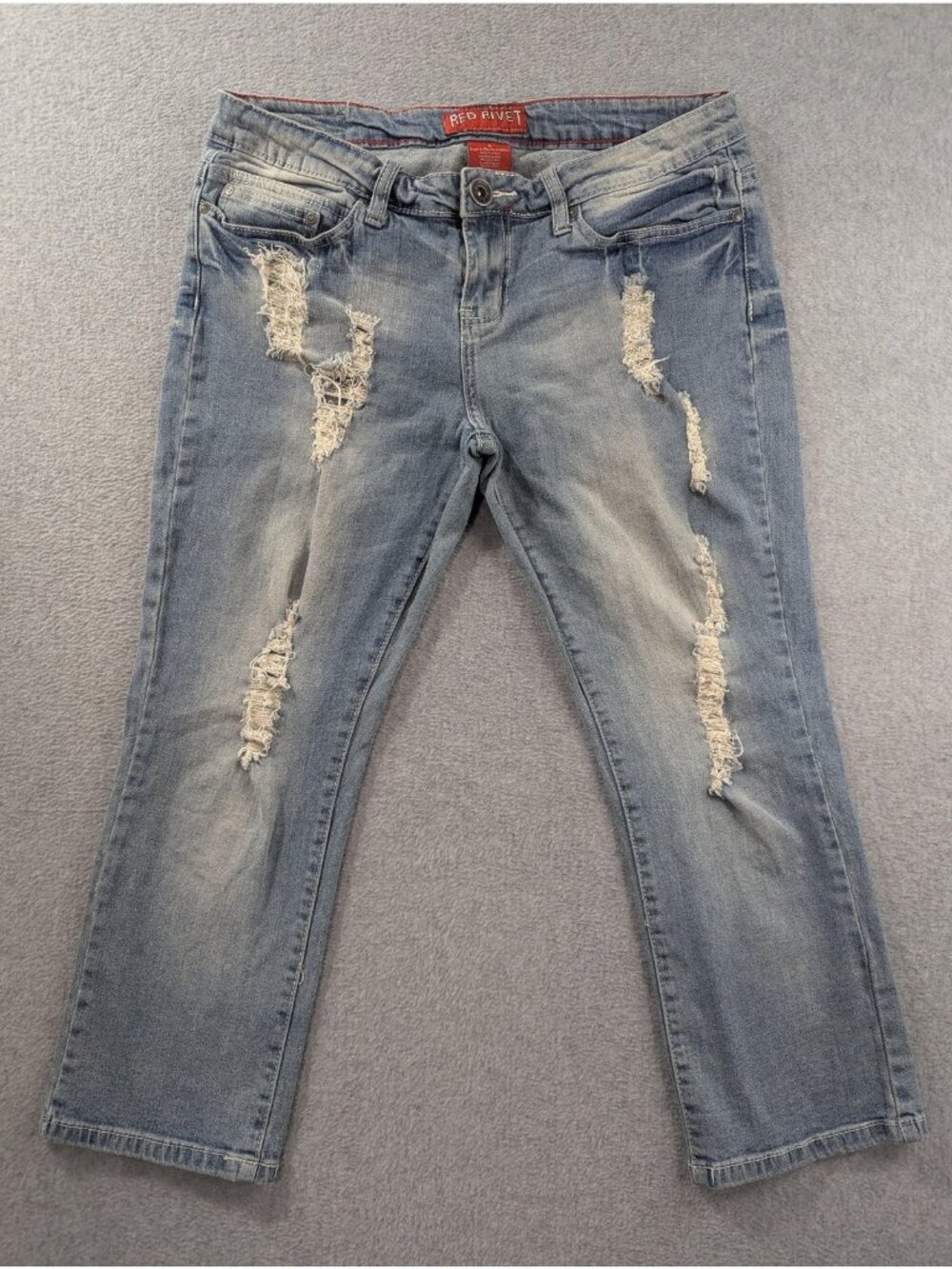 Red Rivet Straight Jeans Juniors 11 Blue Medium Wash Low Rise Distressed Cropped
